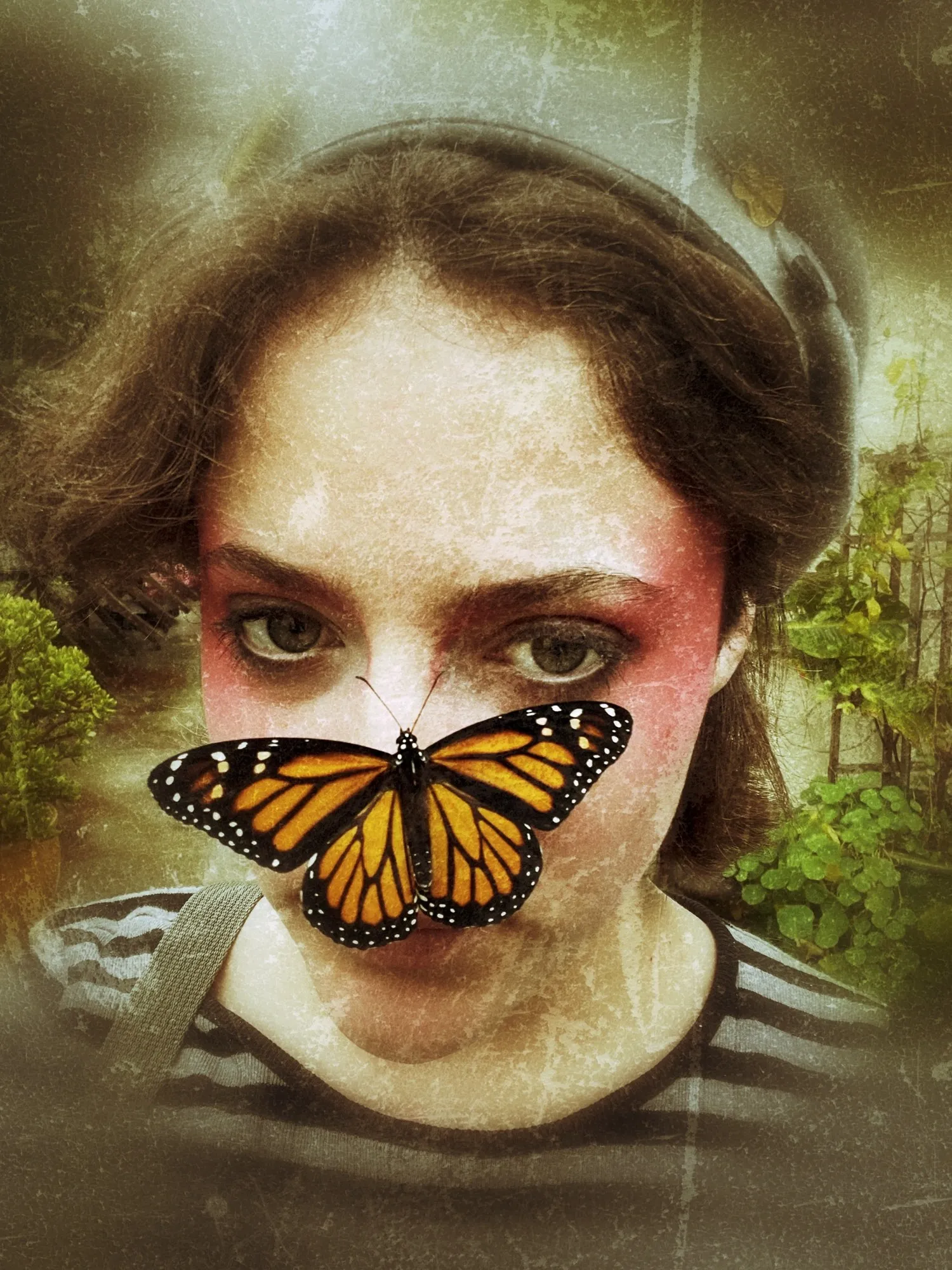 A butterfly shape sits across a woman’s face in a layered portrait.