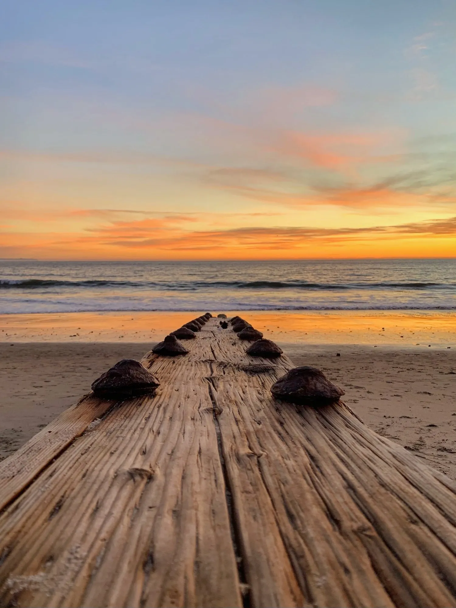 A weathered boardwalk leading toward the warm evening horizon