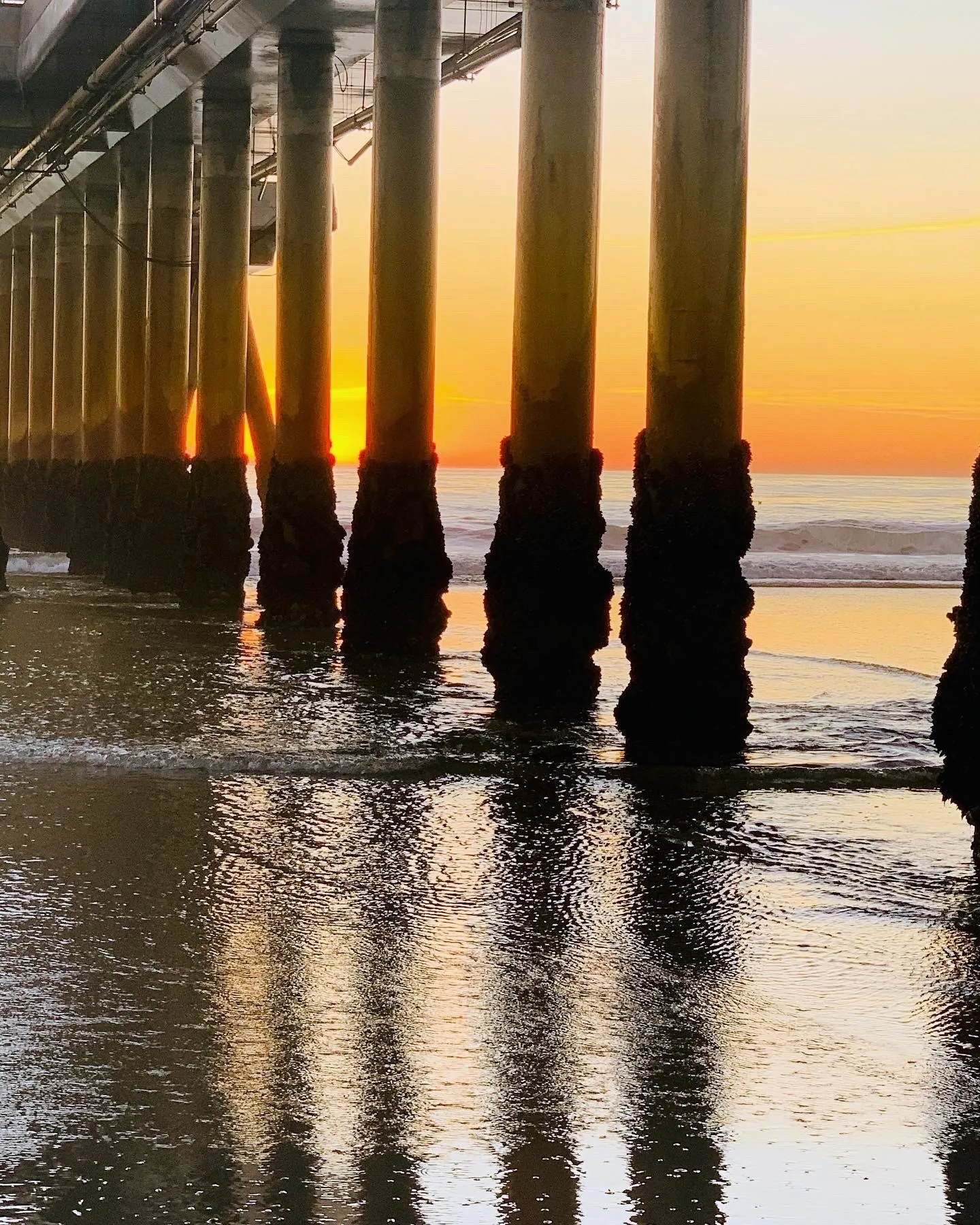 Light through the pier columns. A beach observation made in the changing evening light.