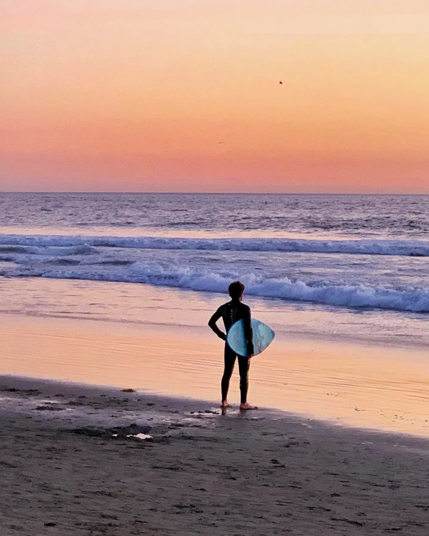 A lone surfer stands with a board on the beach beneath a pastel evening sky.