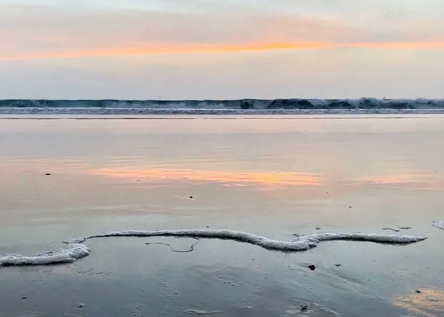 A curling line of sea foam on smooth wet sand beneath a pale sunset