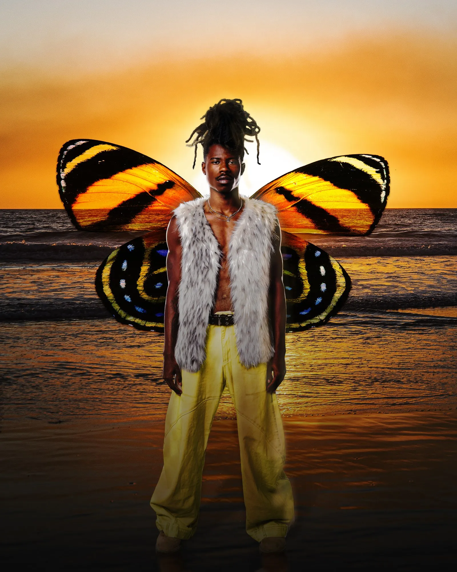 A person in an elaborate butterfly costume against a golden sky