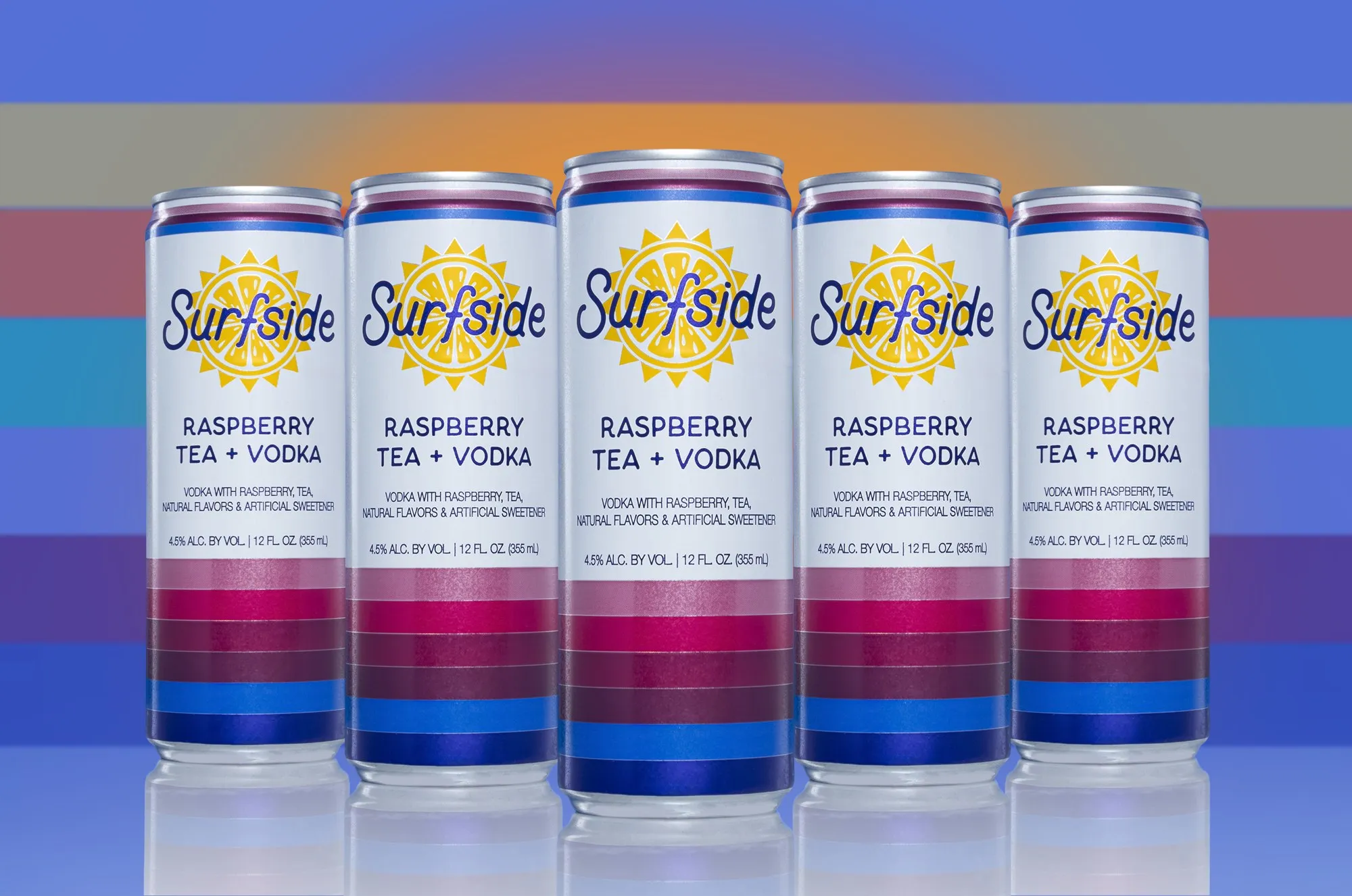 A row of colorful beverage cans stands against a graphic striped backdrop.